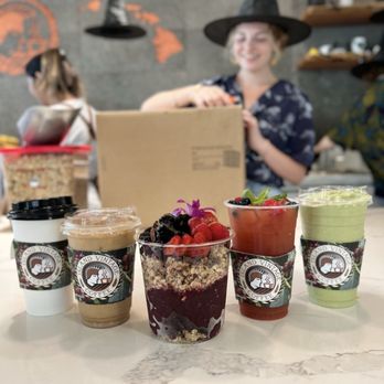 Island Vintage Coffee - Ginger Chai Latte, Hawaiian Honey Latte, Waialua Moana Bowl, Tropical Sensation, Frozen Matcha (left to right) - Coffee & Tea Near Me - Waikoloa, Hawaii Island Vintage Coffee - Ginger Chai Latte, Hawaiian Honey Latte, Waialua Moana Bowl, Tropical Sensation, Frozen Matcha (left to right) - Coffee & Tea Near Me - Waikoloa, Hawaii
