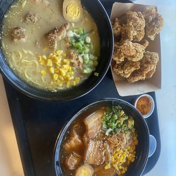 Bear Noodle Bar - Miso ramen (top) whiskey ramen (bottom) and popcorn chicken. - Noodles Near Me - Big Bear Lake, California Bear Noodle Bar - Miso ramen (top) whiskey ramen (bottom) and popcorn chicken. - Noodles Near Me - Big Bear Lake, California