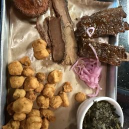 Sliced Brisket - 1/4 lb. St. Louis Cut Ribs - 1/2 Rack Fried Okra - Regular Mixed Mustard & Turnip Greens - Regular