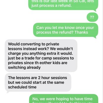 Wavehuggers - Text message showing owner etc asking us to switch our canp time the night before camp. - Surf Schools Near Me - Huntington Beach, California Wavehuggers - Text message showing owner etc asking us to switch our canp time the night before camp. - Surf Schools Near Me - Huntington Beach, California
