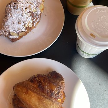 Little Owl Coffee - Iced and Hot Oat Milk Lattes, Almond Croissant (top left), and Ham & Cheese Croissant (Bottom) - Coffee & Tea Near Me - Denver, Colorado