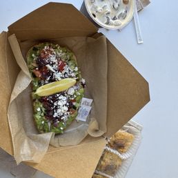 Avocado toast, ice americano, baklava Avocado toast, ice americano, baklava