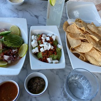Sedona Grill - Mixed seafood ceviche, Mexican guacamole (they have a variety of guacamole to choose from), salsa roja and habanero sauce - Seafood Near Me - Cancun, ROO Sedona Grill - Mixed seafood ceviche, Mexican guacamole (they have a variety of guacamole to choose from), salsa roja and habanero sauce - Seafood Near Me - Cancun, ROO