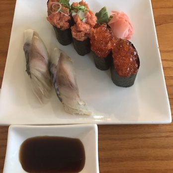 Nagoya Sushi - Salmon roe, mackerel nigiri, and spicy tuna nigiri. I didn't like the mackerel. A bit too fresh for me. - Sushi Bars Near Me - Rockville, Maryland
