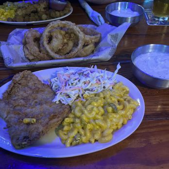 Christian's Tailgate - Chicken fried steak coleslaw jalapeño cheese n Mac and onion rings Fried Pickles - Sports Bars Near Me - Houston, Texas