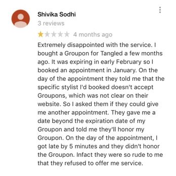 Tangled Hair Salon - Another Groupon client's Google review of this place who had a very similar experience to us. - Hair Salons Near Me - Folsom, California Tangled Hair Salon - Another Groupon client's Google review of this place who had a very similar experience to us. - Hair Salons Near Me - Folsom, California