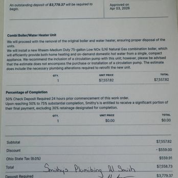 Smithy's Plumbing - Document showing work contracted and fully paid for. - Plumbing Near Me - Cincinnati, Ohio Smithy's Plumbing - Document showing work contracted and fully paid for. - Plumbing Near Me - Cincinnati, Ohio