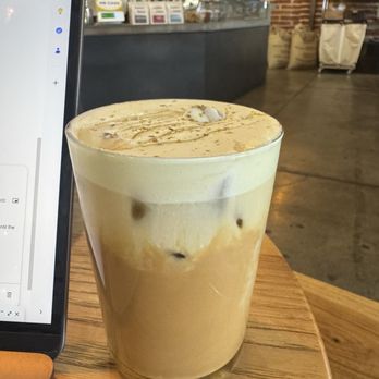 Hidden House Coffee - My pistachio latte - love that I got it "for here" so that I can enjoy it in a glass :) - Coffee Roasteries Near Me - Santa Ana, California