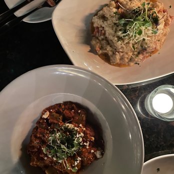Grappa - House-made Gnocchi at the bottom, Seafood Risotto on top - Mediterranean Near Me - Seattle, Washington