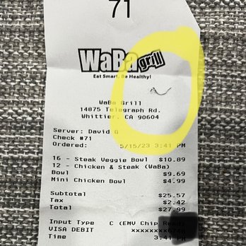 WaBa Grill - the receipt for the restaurant - Fast Food Near Me - La Mirada, California WaBa Grill - the receipt for the restaurant - Fast Food Near Me - La Mirada, California