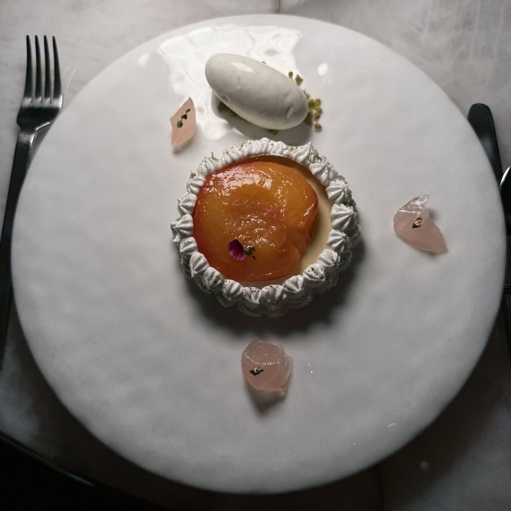 Le Jardinier - Roasted Peach dessert - French Near Me - Houston, Texas Le Jardinier - Roasted Peach dessert - French Near Me - Houston, Texas