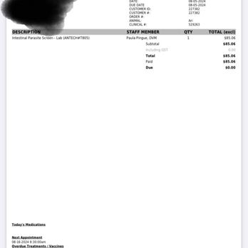 West Loop Veterinary Care - A veterinary invoice from West Loop Veterinary Care in Chicago, Illinois, displaying a logo, contact information, and an itemized bill for a pet's intestinal parasite screening. The invoice includes details such as the date, customer number, order number, and staff member. It lists the cost of the parasite screen, medication, and upcoming appointments, with a total of $85.06. The document is formatted with sections for today's medications, next appointments, and upcoming treatments. - Veterinarians Near Me - Chicago, Illinois