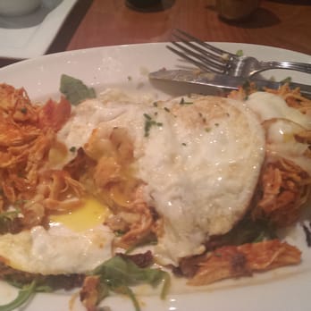 Blue's Egg + Bakery - Potato pancakes with chipotle chicken and fried eggs - Breakfast & Brunch Near Me - Milwaukee, Wisconsin