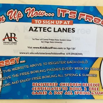 Aztec Lanes - Postcard: Kids bowl free here during summer and spring! - Bowling Near Me - San Diego, California Aztec Lanes - Postcard: Kids bowl free here during summer and spring! - Bowling Near Me - San Diego, California