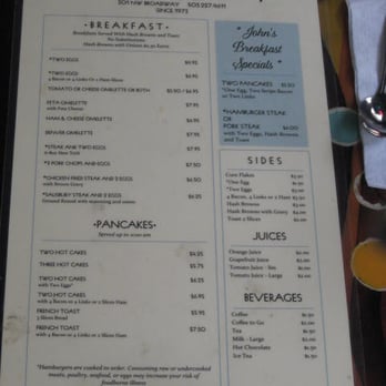 John's Cafe - Breakfast menu on another side - with John's Specials (in blue) - Coffee & Tea Near Me - Portland, Oregon