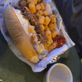 Sublette Saloon - Italian beef on toasted bread with au jus on side and tater tots. Not bad for back road dining. - Bars Near Me - Sublette, Illinois