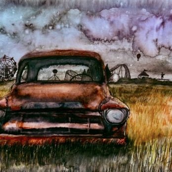 The Art Rave - A classic, old, beautiful, truck in a field of high grass with the background of a carnival in full action - with a threat of rain behind - Art Galleries Near Me The Art Rave - A classic, old, beautiful, truck in a field of high grass with the background of a carnival in full action - with a threat of rain behind - Art Galleries Near Me