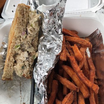 Mia's Table - 1/2 eaten Chicken Salad & sweet potato fries - American Near Me - Katy, Texas Mia's Table - 1/2 eaten Chicken Salad & sweet potato fries - American Near Me - Katy, Texas