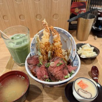 Tendon Kohaku - Beef steak aimori tendon set & matcha latte - Japanese Near Me - Bellevue, Washington