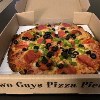 Two Guys Pizza Pies - Gluten free pizza with pepperoni, black olives, and green pepper. - Pizza Near Me - Livonia, Michigan Two Guys Pizza Pies - Gluten free pizza with pepperoni, black olives, and green pepper. - Pizza Near Me - Livonia, Michigan