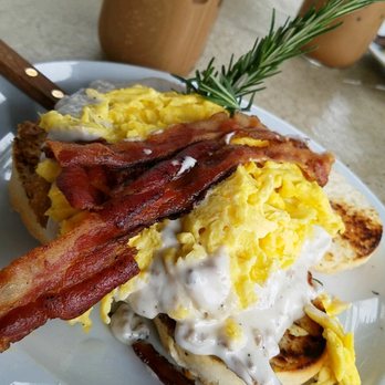 Cafe Topes - The James - Country Fried Steak over a heavenly bed of two biscuits, topped with sausage gravy, one egg and bacon. - Coffee & Tea Near Me - Carlsbad, California Cafe Topes - The James - Country Fried Steak over a heavenly bed of two biscuits, topped with sausage gravy, one egg and bacon. - Coffee & Tea Near Me - Carlsbad, California