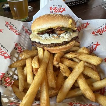 Killer Burger Oakway - Teemah burger with fries.  Side of ranch and some spicy sauce - Burgers Near Me - Eugene, Oregon