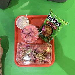 Tostito, Strawberry with Yogurt, fruit salad with yogurt & granola (comes with coconut but I'm allergic) & a Ferrero Rocher Ice Cream Scoop Tostito, Strawberry with Yogurt, fruit salad with yogurt & granola (comes with coconut but I'm allergic) & a Ferrero Rocher Ice Cream Scoop