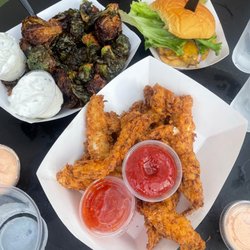 Chicken Tenders, Fried Brussels Sprouts, The Moo Moo Beef Burger