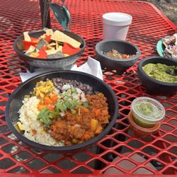 Mexican Spice - Picadillo bowl, Guacamole and Chips, shrimp tostada