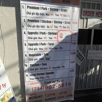 Kim Hong Eggrolls - Menu 1/10/26 - Vietnamese Near Me - Westminster, California