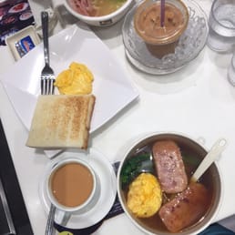 Macaroni with ham and eggs, instant noodles with spam and egg, hot and cold milk teas
