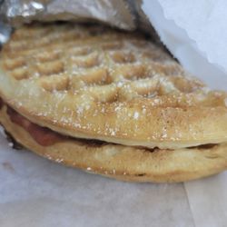 Wildwood Waffles - Our sweet selection,  The Blackout which has whipped cream cheese,  jam and powdered sugar.