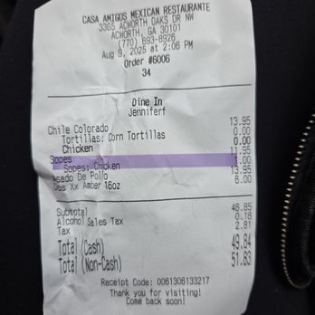 Casa Amigos - $11.95 chicken sopes + $1 for choosing chicken  Total cash Total noncash. - Mexican Near Me - Acworth, Georgia