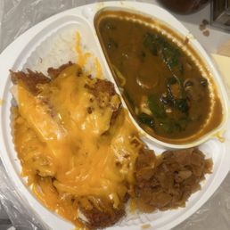 Take out curry: chicken katsu curry, spinach, mushrooms on rice with the curry and Japanese pickles in their own compartments! Take out curry: chicken katsu curry, spinach, mushrooms on rice with the curry and Japanese pickles in their own compartments!