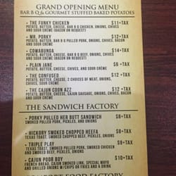 The Stuffed Baked Potato Factory - This is the menu that holds the best baked potatoes I've ever had!!!!