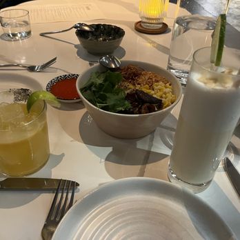 Kingfisher - Congee (center) and papaya margarita (left) and lemongrass banana gin sour (right) - Vietnamese Near Me - San Diego, California