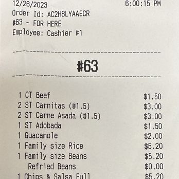 Aceituno's Mexican Food - Our receipt for 2 adults and 1 toddler - Mexican Near Me - Bremerton, Washington