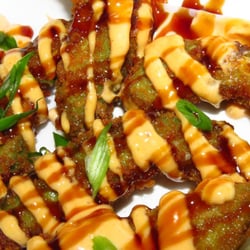 Grilldabeast - Panko Crusted Avocado- golden brown, crispy slices of fresh avocado, dressed with spicy mayo and eel sauce