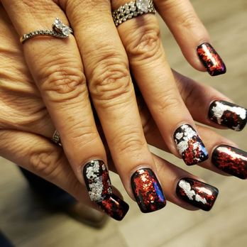 Swan's Nail Spa - Black with red and silver foil - Nail Salons Near Me - Menifee, California