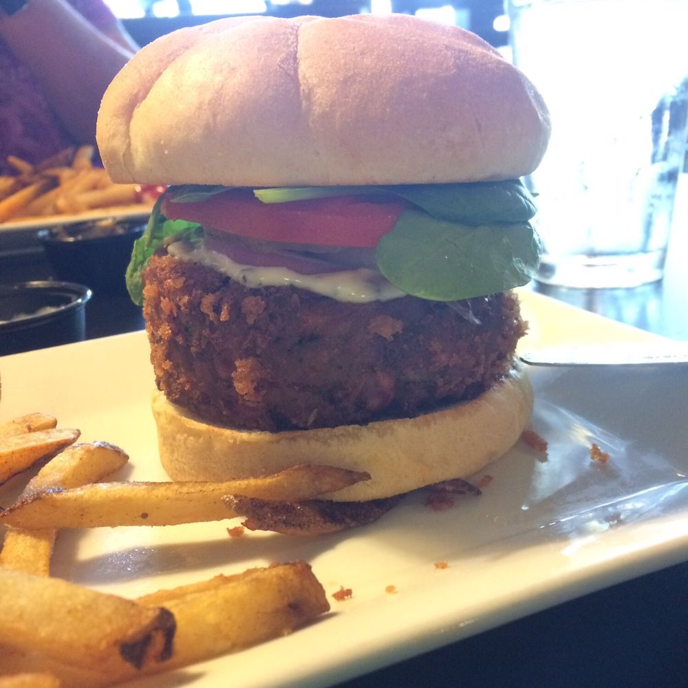 Four Pegs - Veggie burger dressed and ready - Burgers Near Me - Louisville, Kentucky Four Pegs - Veggie burger dressed and ready - Burgers Near Me - Louisville, Kentucky