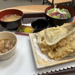 Tempura Bowl (without Rice) with Braised Pork, Miso Soup, and Salad Tempura Bowl (without Rice) with Braised Pork, Miso Soup, and Salad
