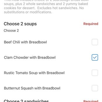 Boudin SF - Required soup selection does not allow duplicate soup orders for Clam Chowder - Bakeries Near Me - Vacaville, California