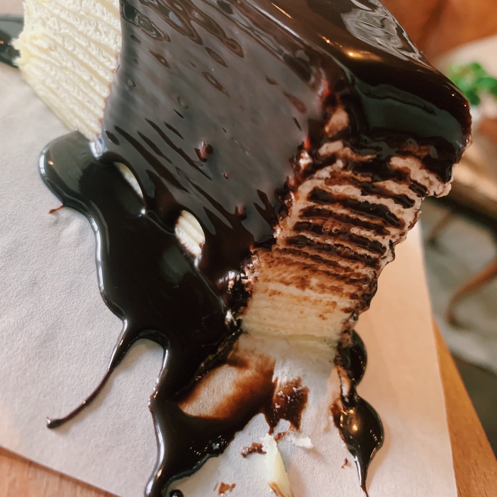 KaFair Cafe - Crepe cake with chocolate sauce! - Coffee & Tea Near Me - Pittsburgh, Pennsylvania KaFair Cafe - Crepe cake with chocolate sauce! - Coffee & Tea Near Me - Pittsburgh, Pennsylvania