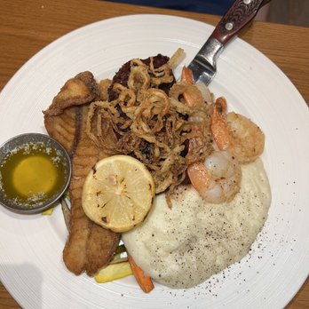 Guest House Grill - Flank Steak subbed with Cod Fish & Shrimp Scampi with mashed potatoes - Steakhouses Near Me - Atascadero, California Guest House Grill - Flank Steak subbed with Cod Fish & Shrimp Scampi with mashed potatoes - Steakhouses Near Me - Atascadero, California