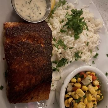 Lure Fish House - Ora King Salmon with Cilantro Lime Rice and Cilantro Corn Salad - Seafood Near Me - Camarillo, California Lure Fish House - Ora King Salmon with Cilantro Lime Rice and Cilantro Corn Salad - Seafood Near Me - Camarillo, California