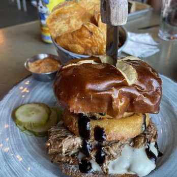 Barn Town Brewing - Root Down Burger of the Month with Chips - Breweries Near Me - West Des Moines, Iowa Barn Town Brewing - Root Down Burger of the Month with Chips - Breweries Near Me - West Des Moines, Iowa