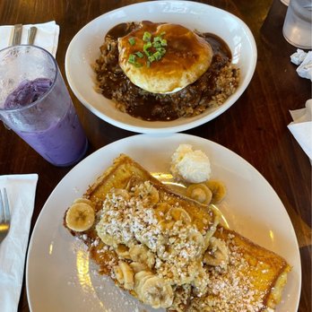 Kihei Caffe Lahaina - Loco moco with fried rice, banana macadamia nut French toast and Ube cold brew - Breakfast & Brunch Near Me - Lahaina, Hawaii Kihei Caffe Lahaina - Loco moco with fried rice, banana macadamia nut French toast and Ube cold brew - Breakfast & Brunch Near Me - Lahaina, Hawaii
