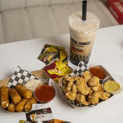 Boba Junkie - Rancho Santa Margarita - Popcorn Chicken bites, Mozzarella cheese sticks, with Boba drink and games at Boba Junkie