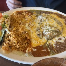 Combination plate with relleno verde, carnitas taco, cheese enchilada and rice and beans.