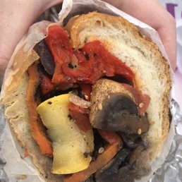 Grilled veggie sandwich on a hero without cheese.